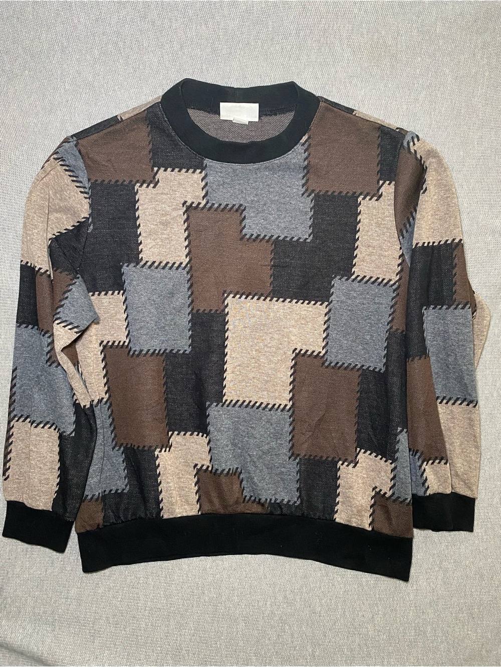 Alfred Dunner Sweater Womens L Patchwork Knit USA Vintage Brown Tan Trendy Comfy